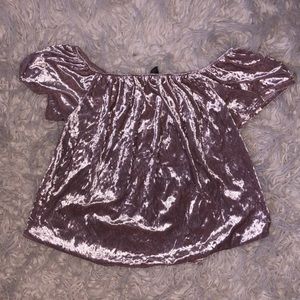 Pink velvet off-the-shoulder blouse